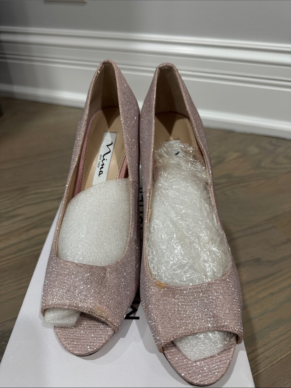 Nina Rose Gold Glitter Open-Toe Pumps